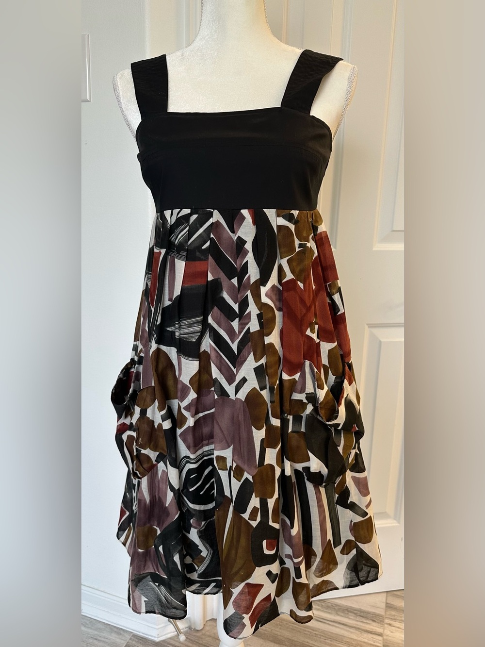 Taylor Black Bodice Dress with Red, Brown and Cream Abstract Skirt